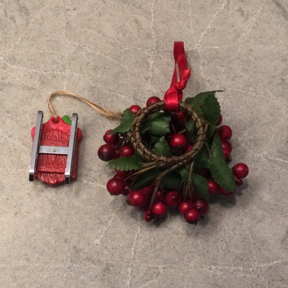 Christmas ornaments: one faux red berry wreath and one sled with the name “Bill” - Picture 2 of 3